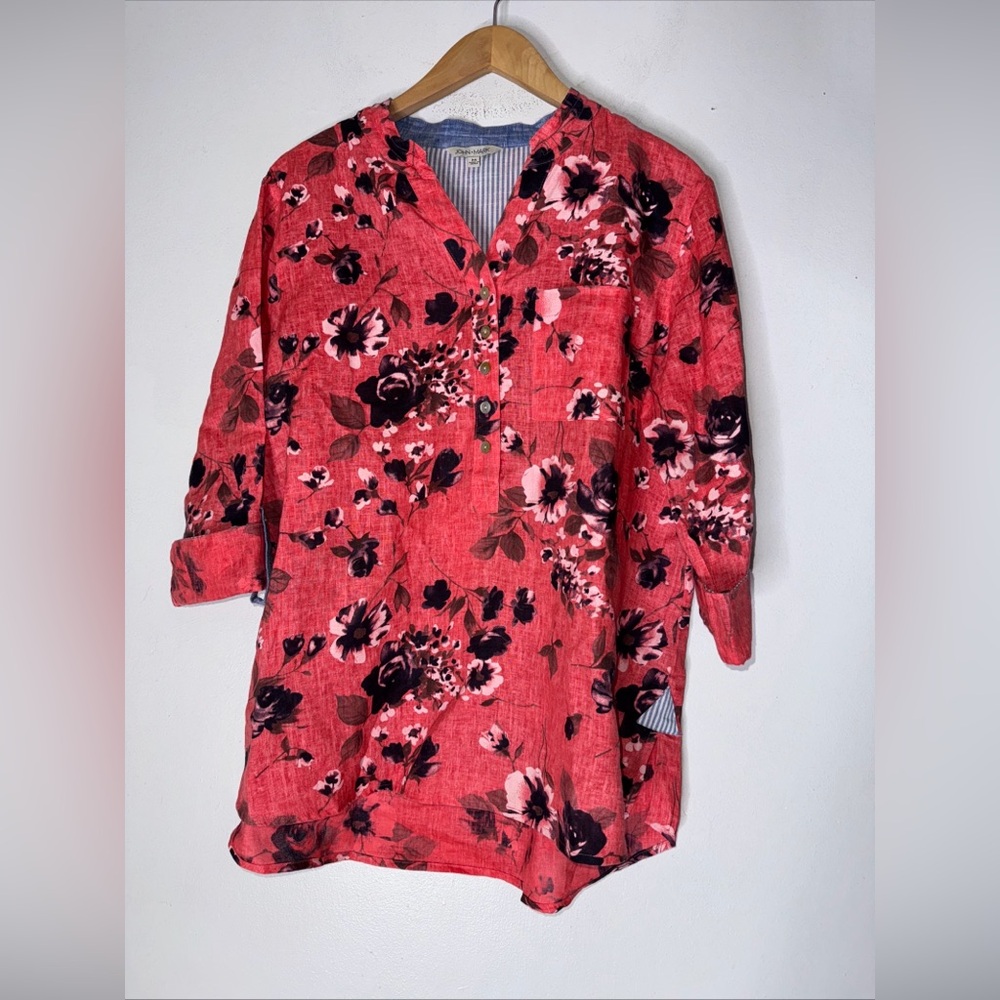 John Mark Linen Coral Pink Floral Top Tunic‎ Popover Women's Size Medium